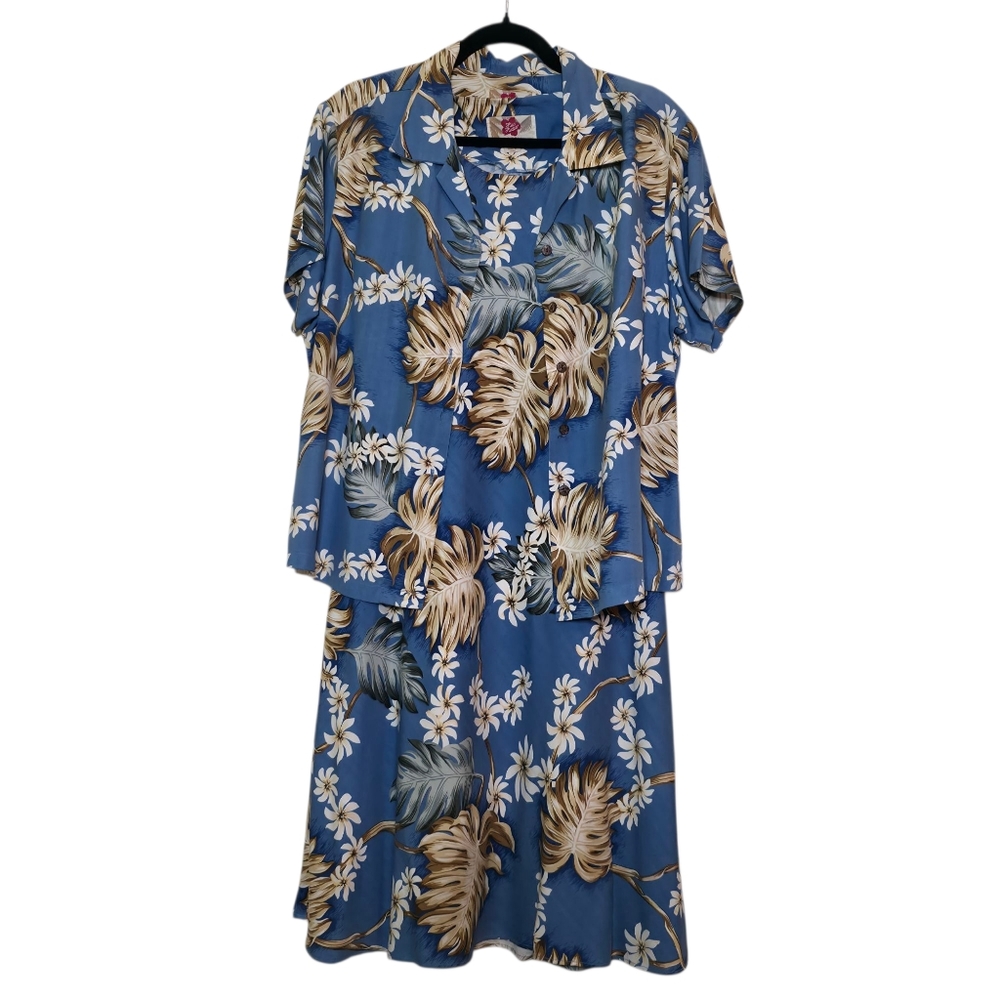 Hilo Hattie Silk Blue Tan Palm Leaf Hawaiian Sundress Button Down Top Set Medium